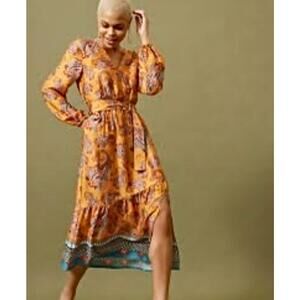 Emily Lovelock by Anthropologie Fiona Midi Dress in Gold Size Small